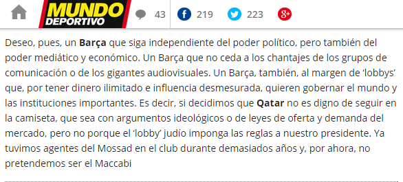 El Mundo Deportivo (Catalunya) publica un análisis antisemita de Xavier Bosch – Por Gabriel Ben-Tasgal (17/06/2015)